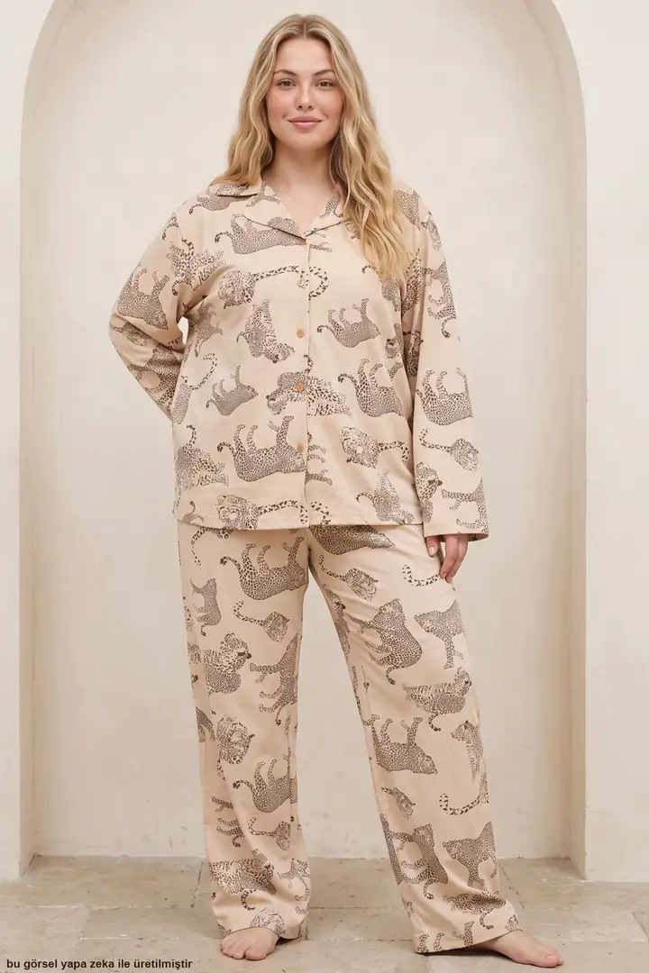 Baskılı Büyük Beden Battal Boy Düğmeli Örme Pijama Takım 8090