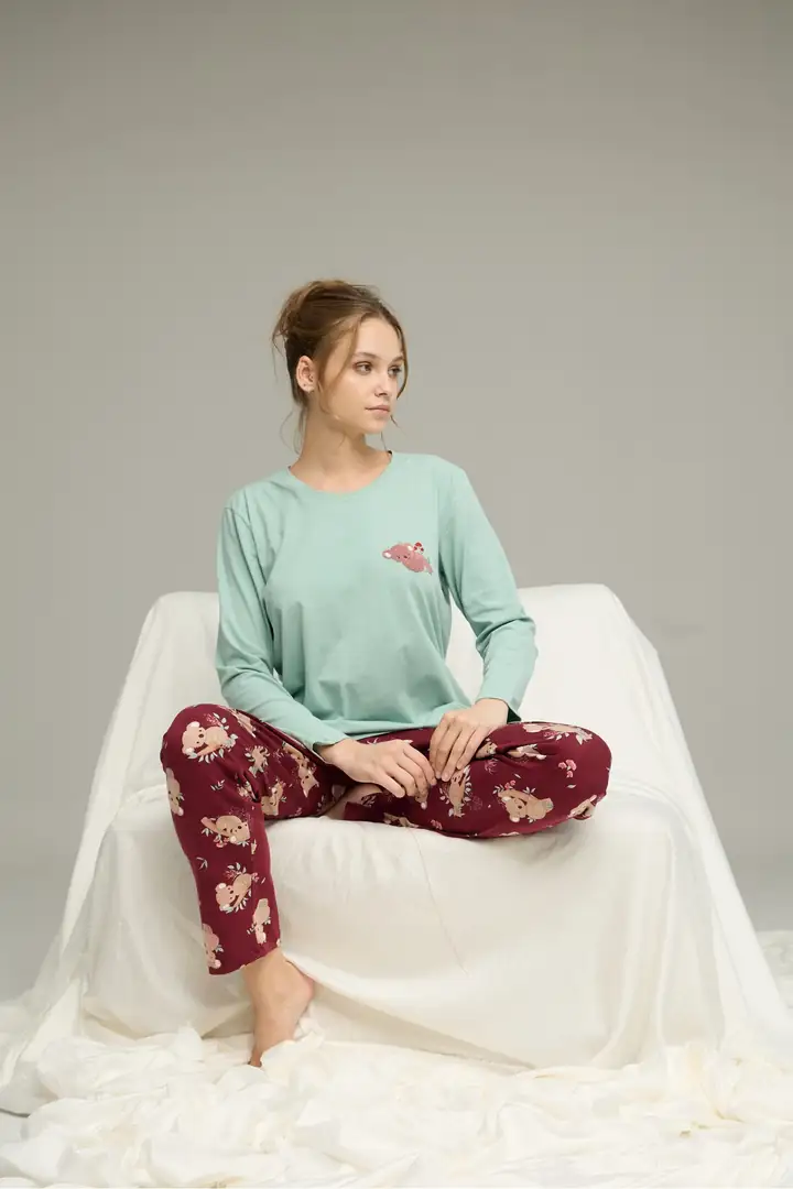 Yeşil Bordo Koala Desenli Pamuklu Bisiklet Yaka Örme Pijama Takım 25241156