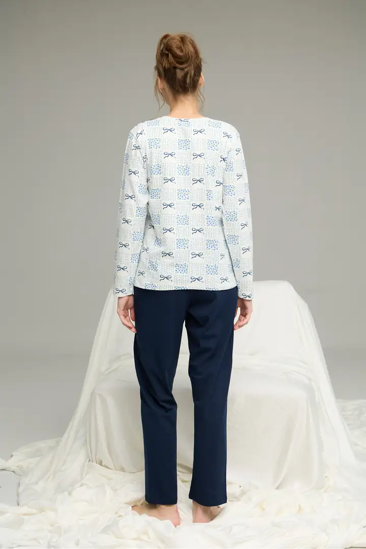 Beyaz Çiçek Desenli Örme Pamuklu Pijama Takım 25240198