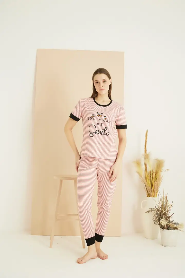 Pamuklu Bisiklet Yaka Örme Pijama Takım25103192