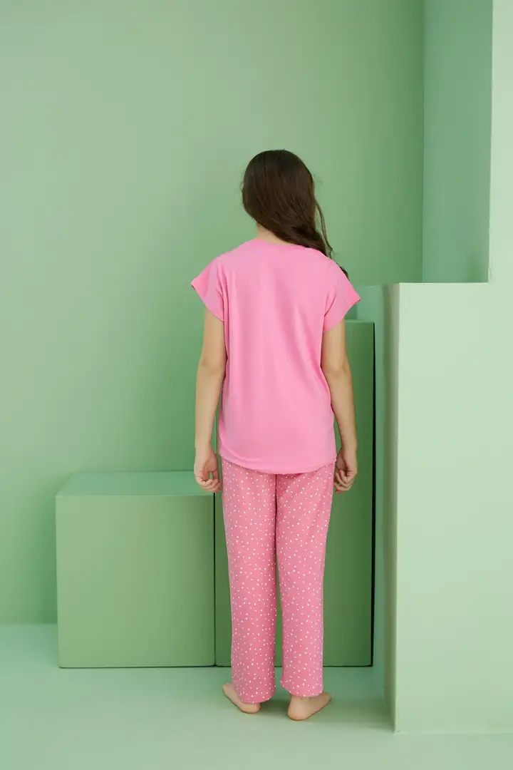 Pembe Desenli Pamuklu Bisiklet Yaka Örme Pijama Takım 25117079