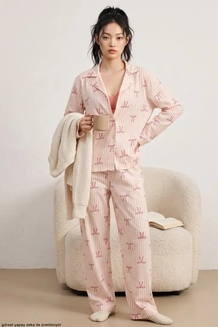 Desenli Yumuşak Tuşe Kışlık Örme Düğmeli Pijama Takımı 8088