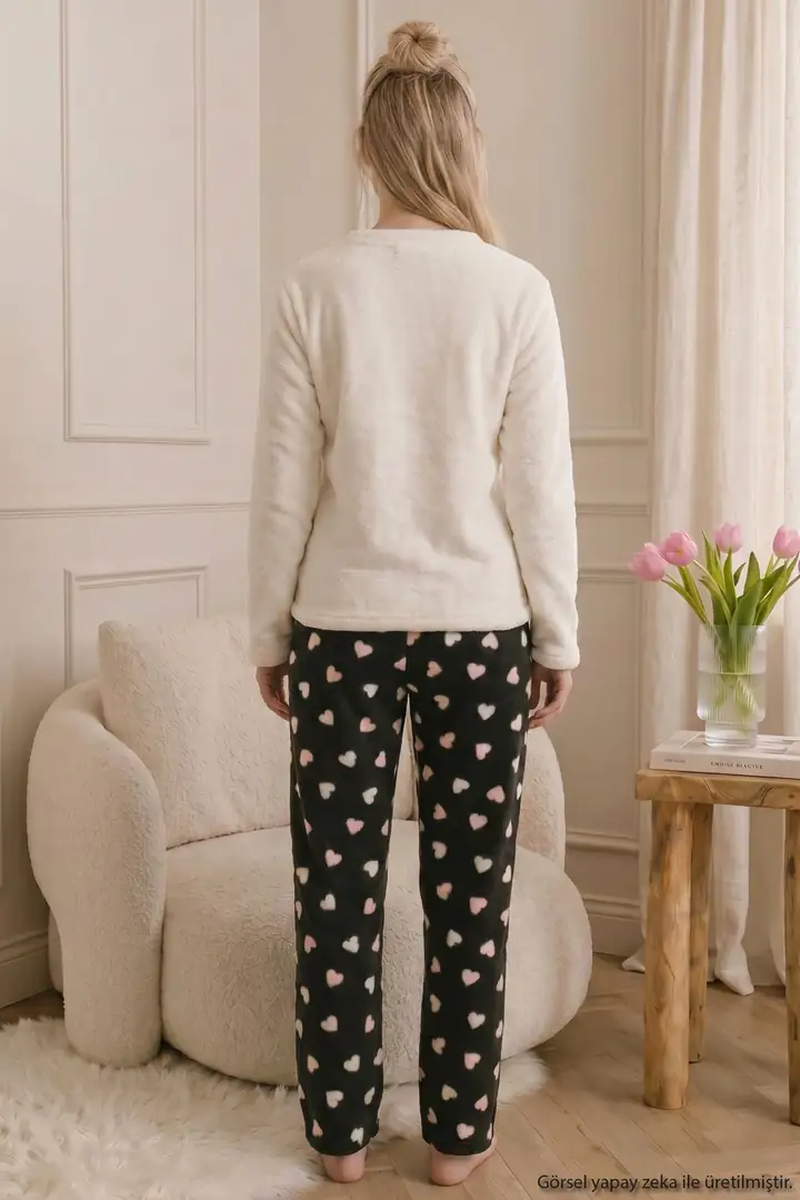 Ekru Nakışlı Üst Wellsoft Alt Polar Kışlık Örme Pijama Takım 26221701