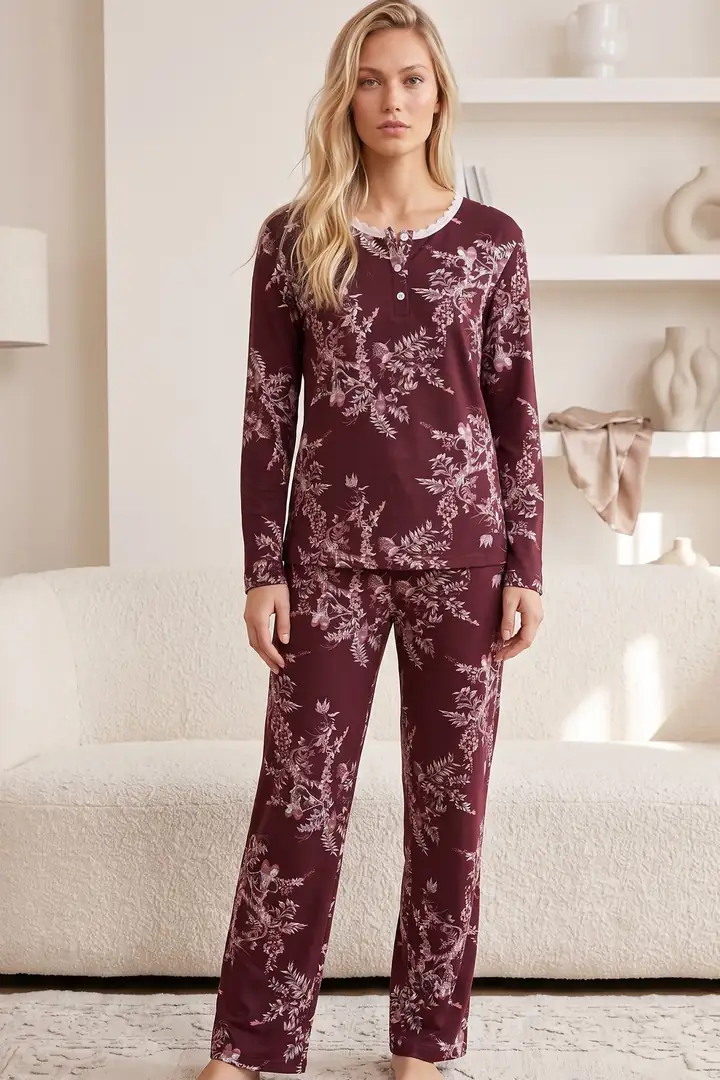 Düğmeli Pamuklu Likralı Örme Pijama Takım 26240357