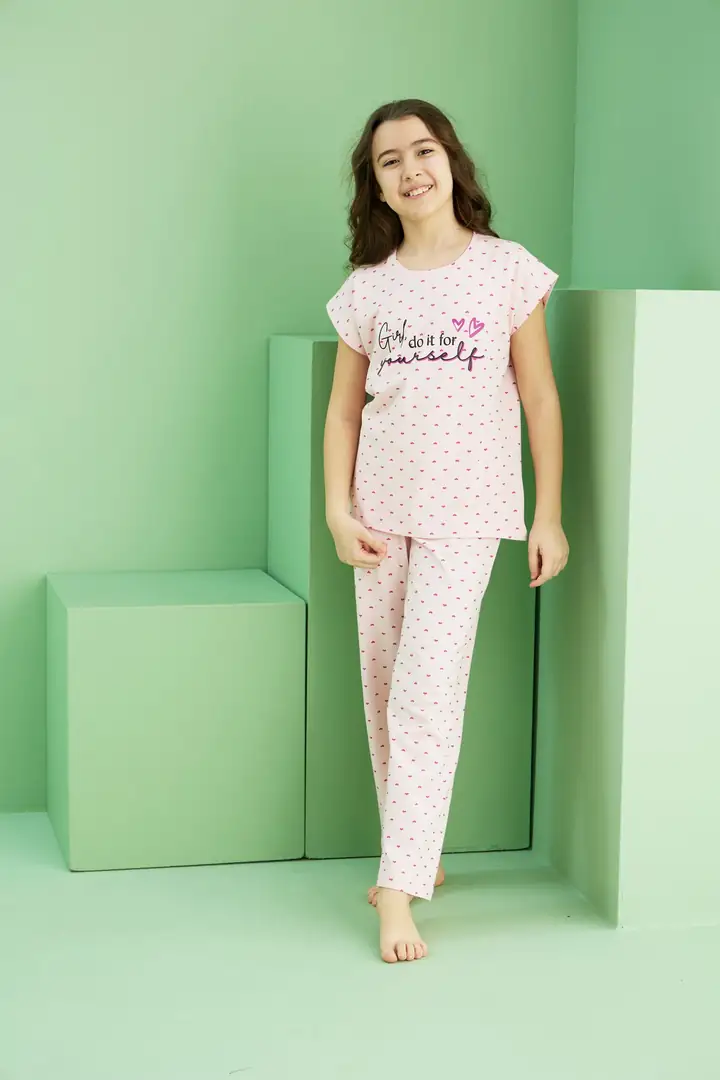 Pembe Desenli Pamuklu Bisiklet Yaka Örme Pijama Takım 25117081