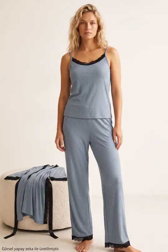 3'lü Soft Touch İnce Örme Sabahlık Takım 7627 - İndigo