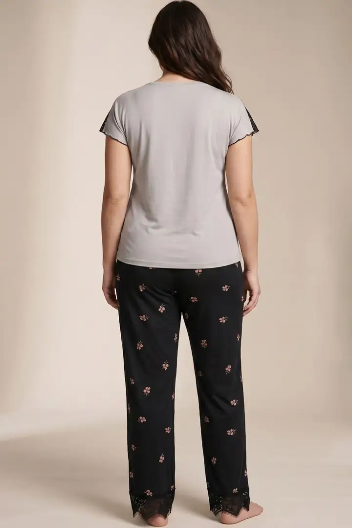 Dantelli Büyük Beden Battal Viskon Örme Pijama Takım 8066