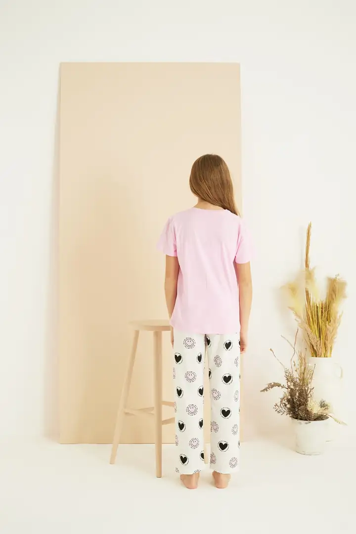 Pembe desenli Pamuklu Bisiklet Yaka Örme Pijama Takım 25107127