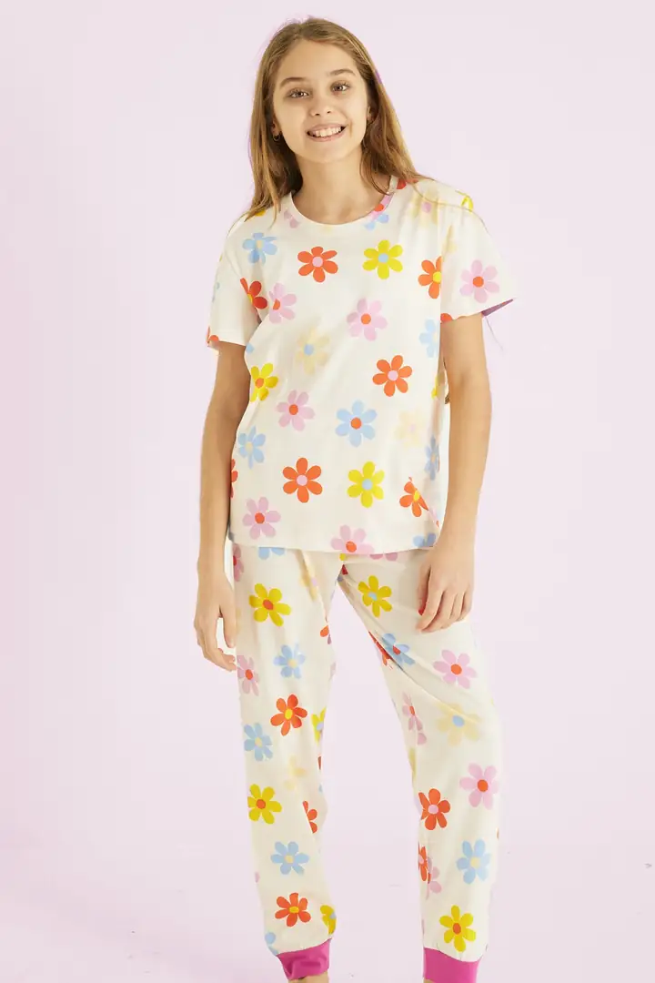 Kız Çocuk %100 Pamuk Çiçek Baskılı Bisiklet Yaka Pijama Takım 25110054
