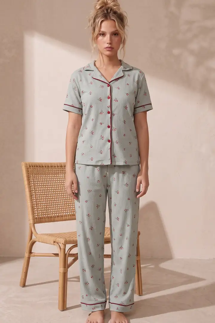 Bürümcük-Krınkıl Kısa Kollu Düğmeli Biyeli Pijama Takım 26120525