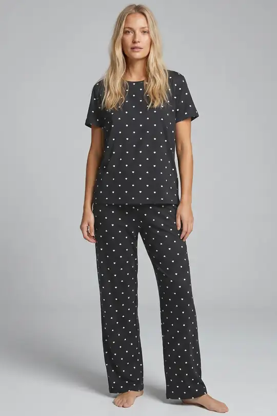 Pamuklu Örme Pijama Takımı 8025 - antrasit beyaz kalp