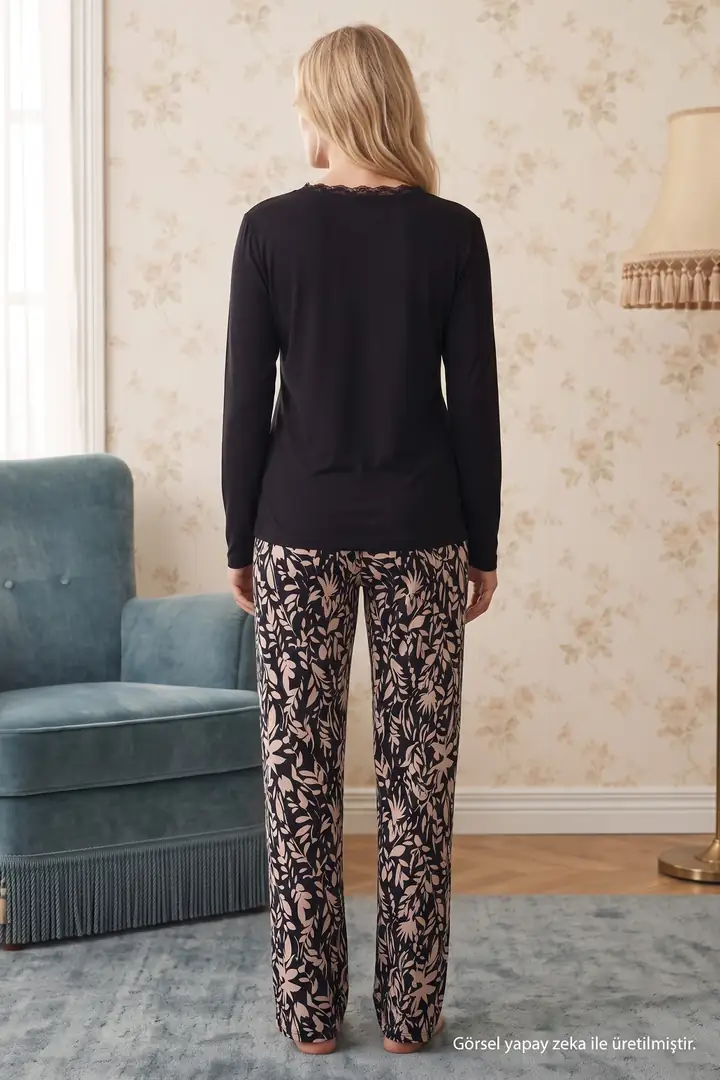 Siyah Desenli Düğmeli Dantelli Viskon Örme Pijama Takım 26224677