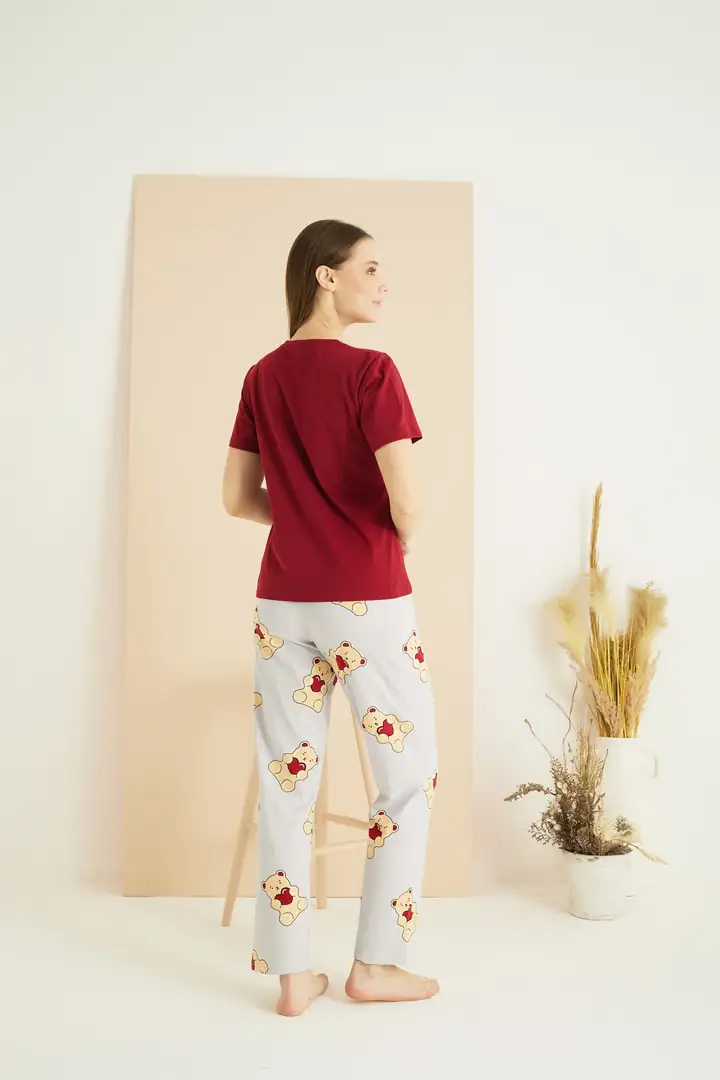 Bordo Desenli Pamuklu Bisiklet Yaka Örme Pijama Takım 25107132