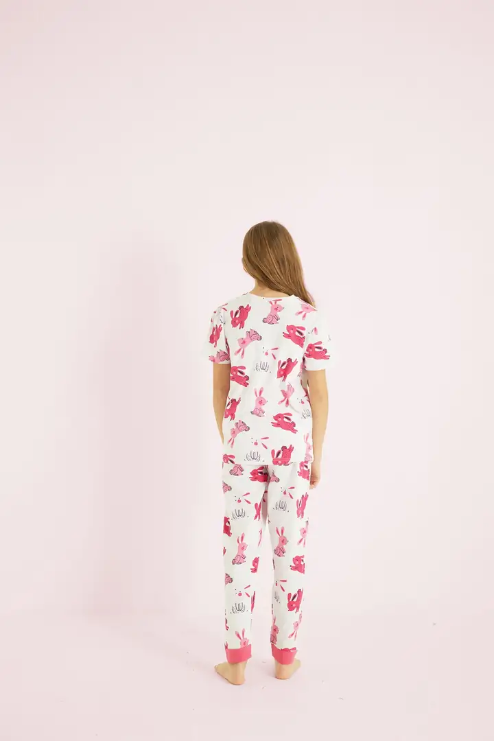 Kız Çocuk %100 Pamuk Tavşan Baskılı Bisiklet Yaka Pijama Takım 25110056