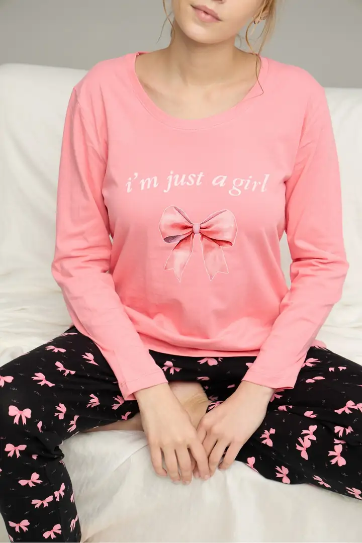 Somon Kurdele Desenli Pamuklu Bisiklet Yaka Örme Pijama Takım 25241132