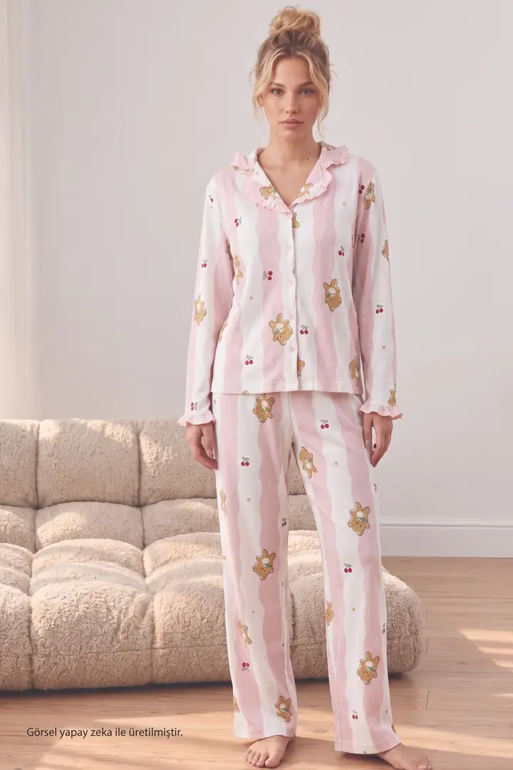 Desenli Bürümcük-Krınkıl Düğmeli Fırfırlı Pijama Takım 26223941-8 - pembe ayıcık