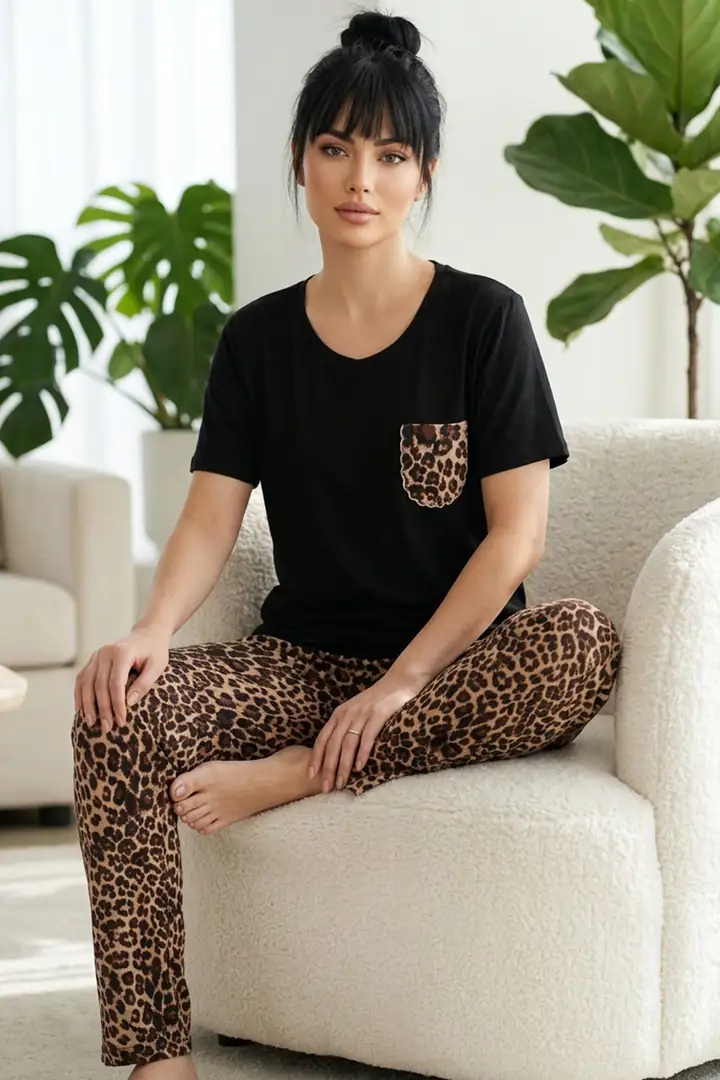 Siyah Leopar Desenli Pamuklu V Yaka Örme Pijama Takım