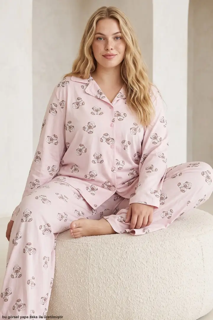 Baskılı Büyük Beden Battal Boy Düğmeli Örme Pijama Takım 8090 - pembe ayıcık
