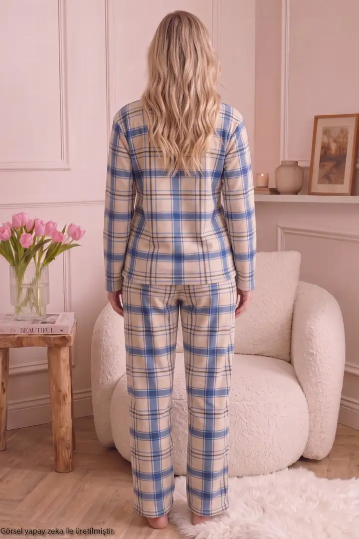 Mavi Ekose Desenli Nakışlı Alt-Üst Polar Kışlık Örme Pijama Takım 26222123