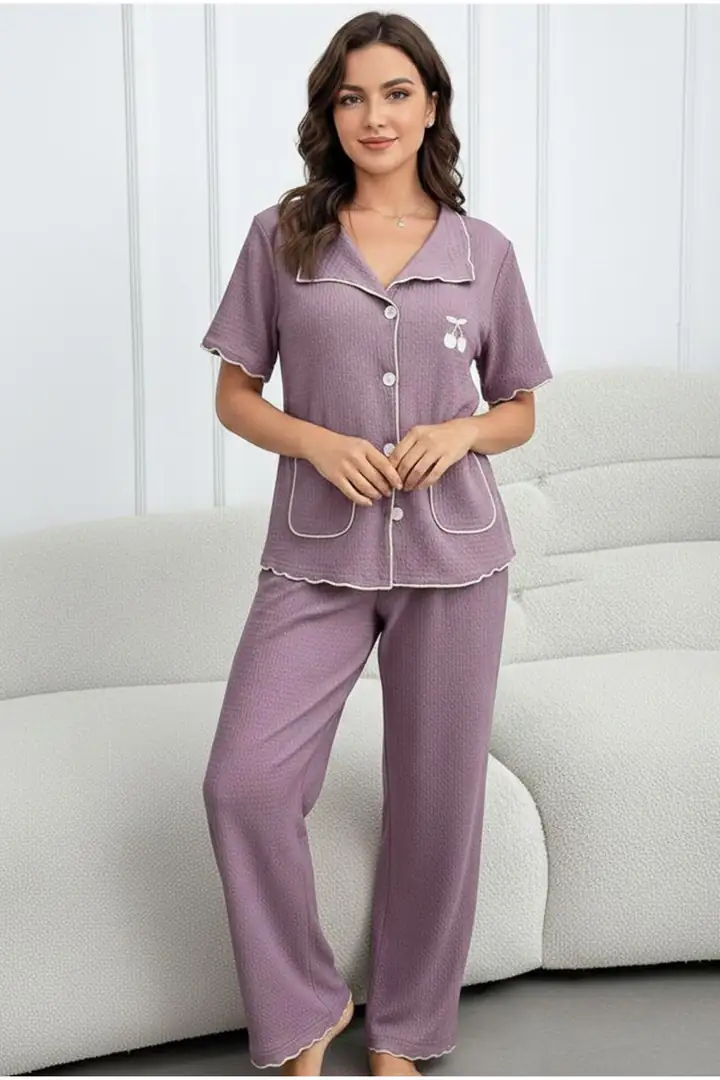 Cepli Bürümcük-Krınkıl Kısa Kollu Düğmeli Örme Pijama Takım 7940