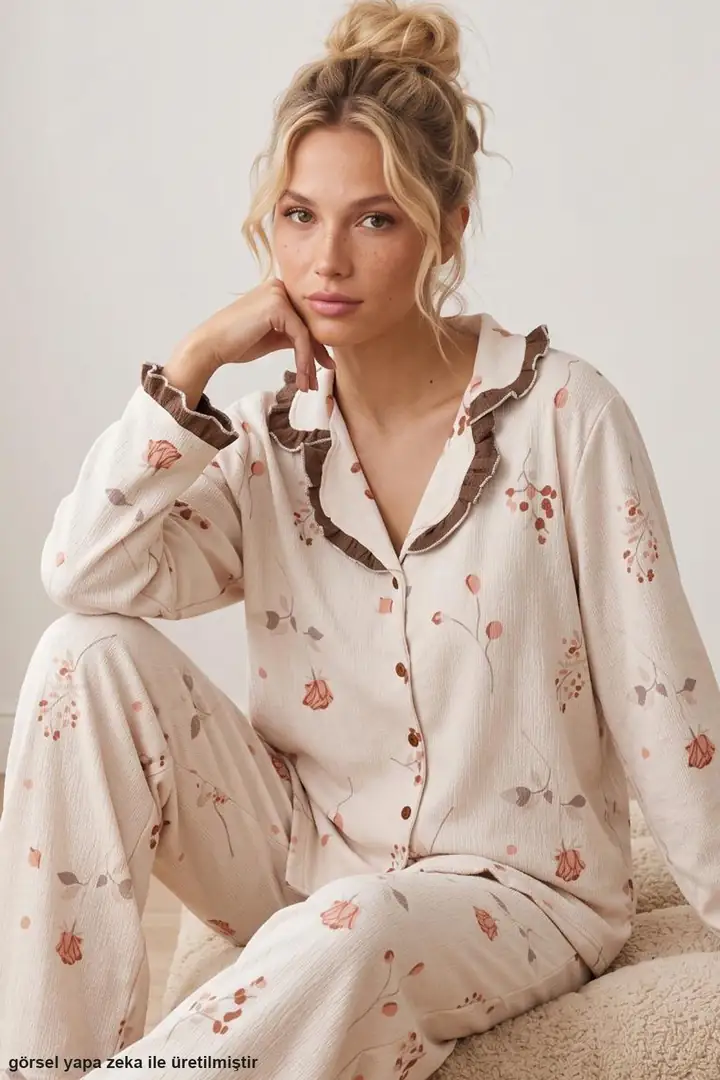 Desenli Bürümcük-Krınkıl Düğmeli Fırfırlı Pijama Takım 26223941-8 - krem çiçek
