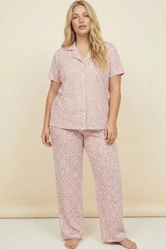 Büyük Beden Battal Boy Düğmeli Örme Pijama Takım 8016 - BEYAZ SOMON LEOPAR