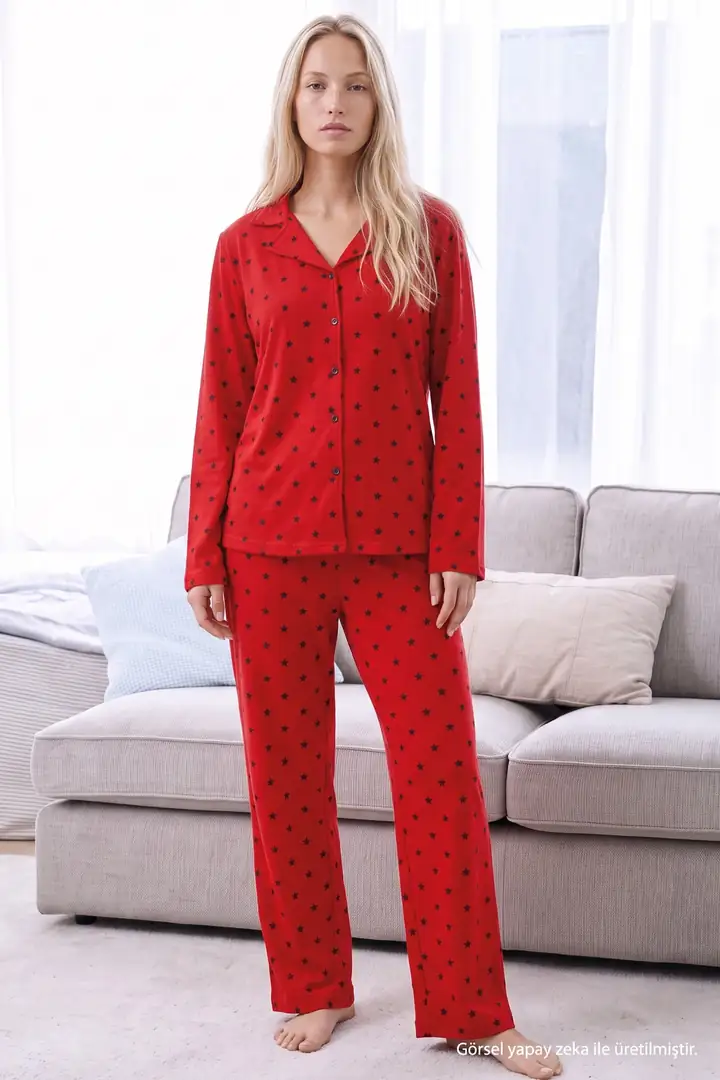 Kırmızı Yıldız Desenli Termal Kumaşlı Ultra Soft Yumuşak Düğmeli Örme Pijama Takımı 26226124