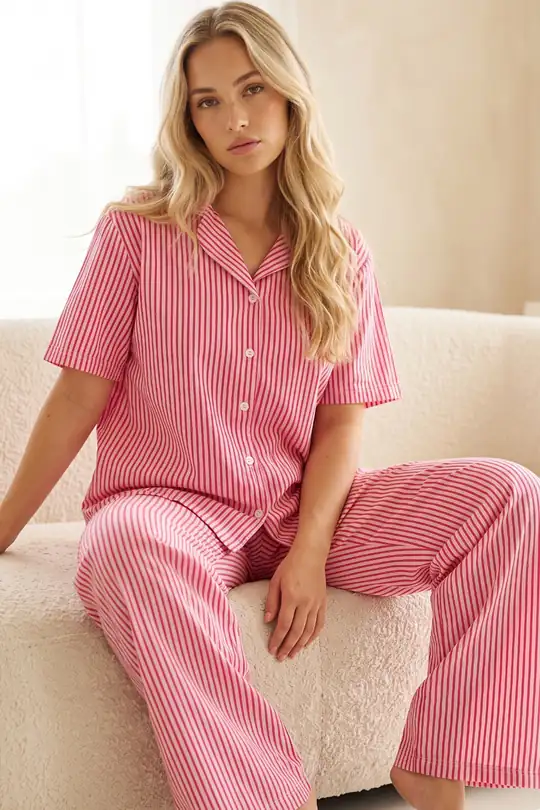 Kısa Kollu Pamuklu Düğmeli Pijama Takımı - Pembe