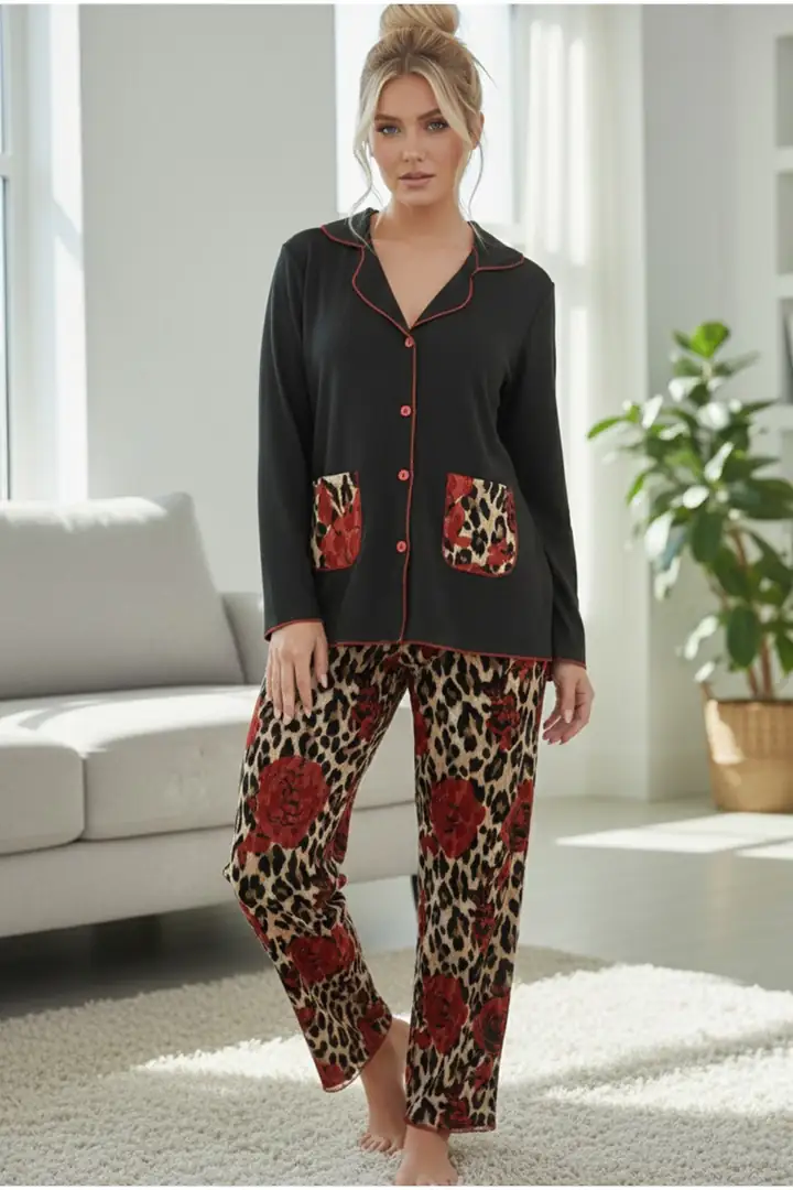 Cepli Bürümcük-Krınkıl Uzun Kollu Düğmeli Örme Pijama Takım 7991