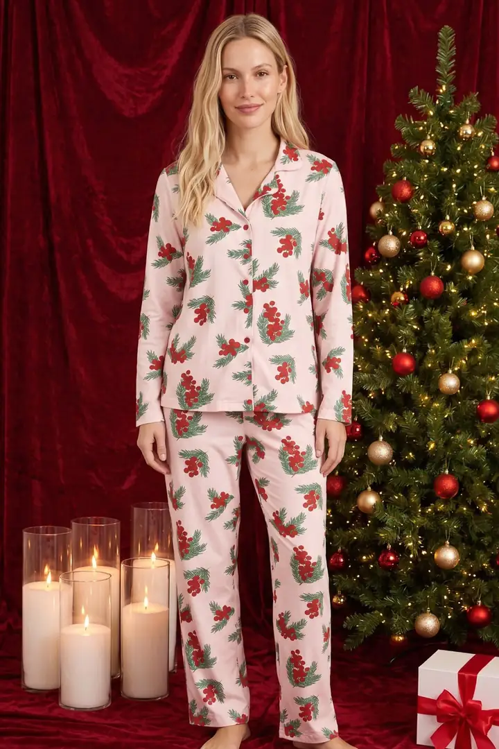 Yılbaşı Temalı Desenli Termal Kumaşlı Ultra Soft Yumuşak Düğmeli Örme Pijama Takımı 26226114