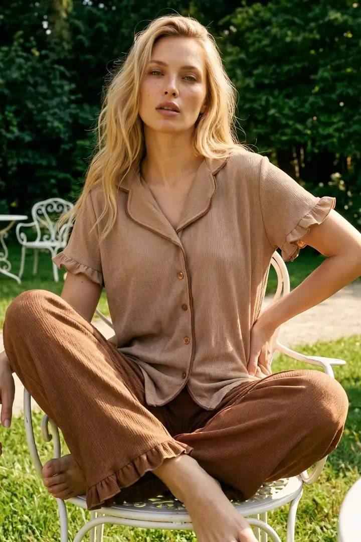 Bürümcük-Krınkıl Kısa Kollu Düğmeli Biyeli Pijama Takım 7932
