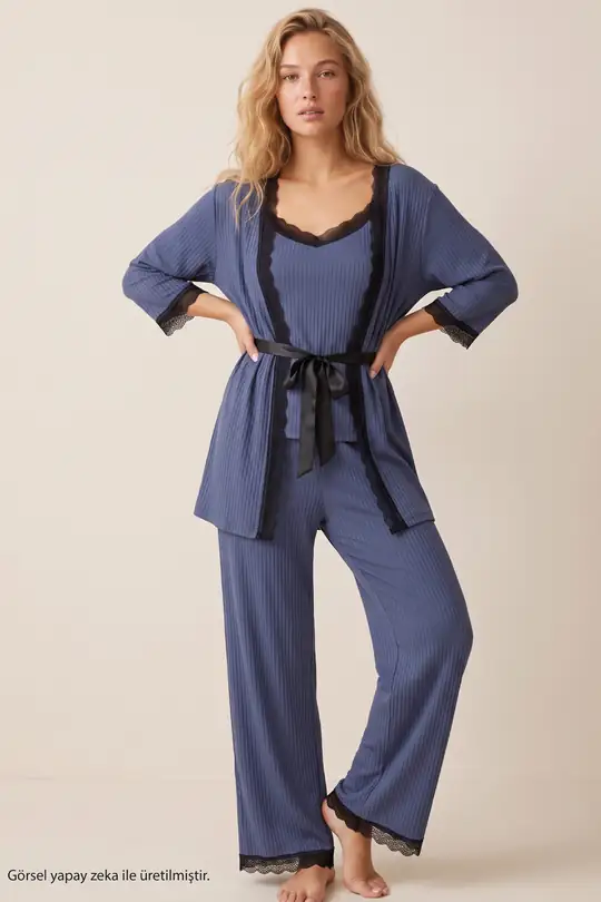 3'lü Soft Touch İnce Örme Sabahlık Takım 7627 - Lacivert