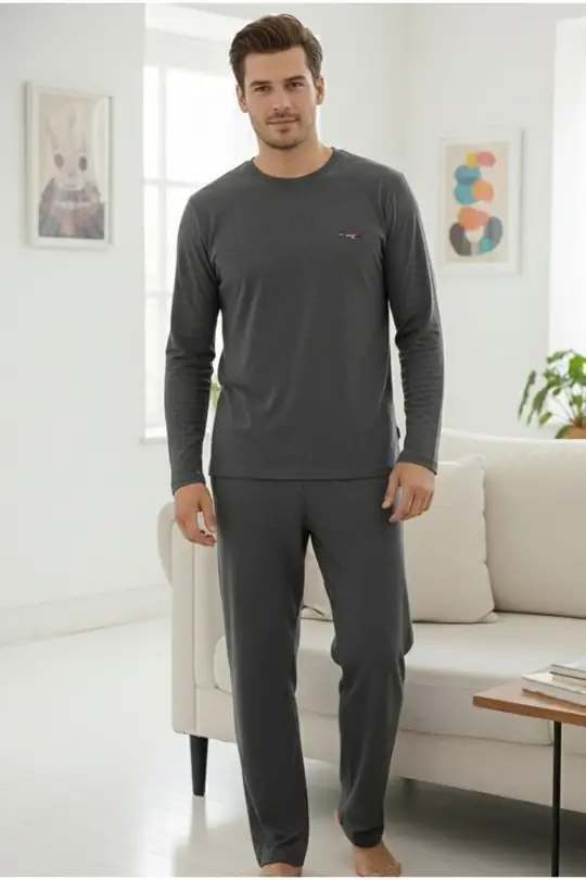 Uzun Kollu Örme Erkek Pijama Takım 7795 - füme
