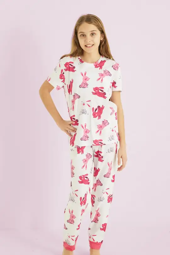 Kız Çocuk %100 Pamuk Tavşan Baskılı Bisiklet Yaka Pijama Takım 25110056 - Beyaz