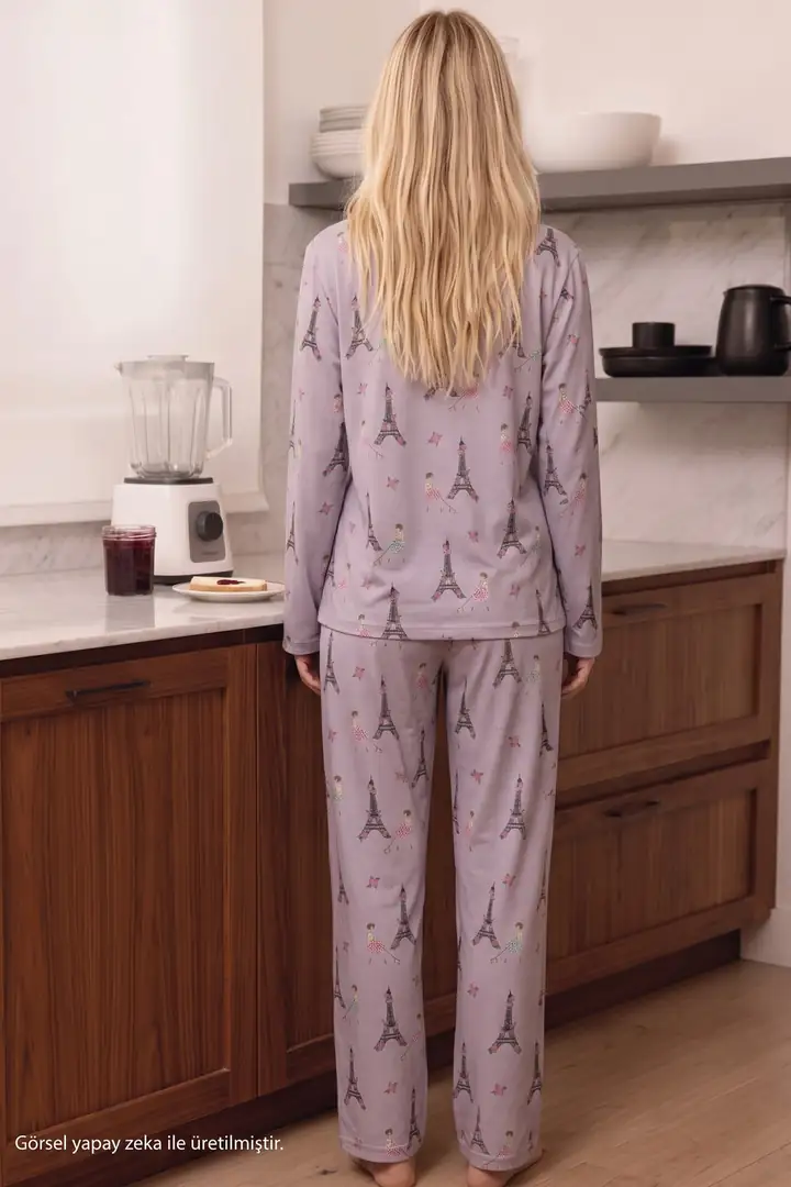 Lila Desenli Termal Kumaşlı Ultra Soft Yumuşak Düğmeli Örme Pijama Takımı 26226126
