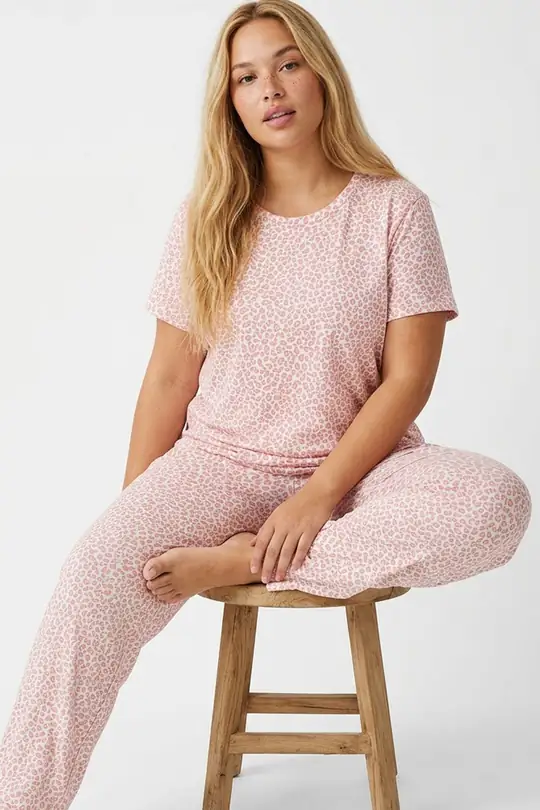 Büyük Beden Battal Örme Pijama Takım 7614 - beyaz leopar