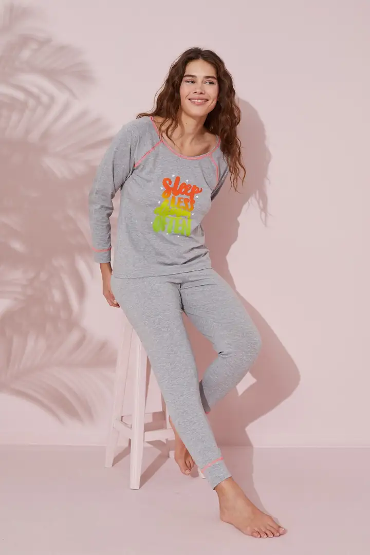 Gri Baskılı Pamuklu Örme Pijama Takım 24240139