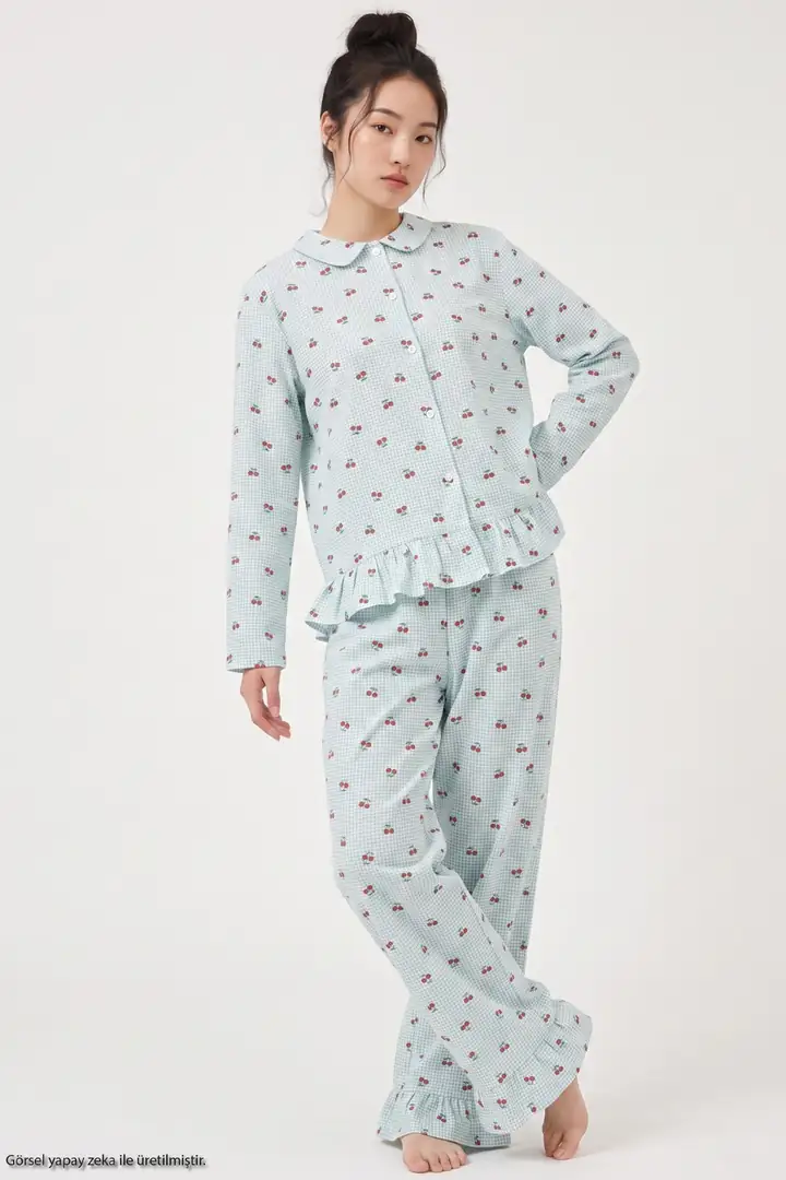 Desenli Fırfırlı Yumuşak Tuşe Kışlık Düğmeli Örme Pijama Takımı 8077