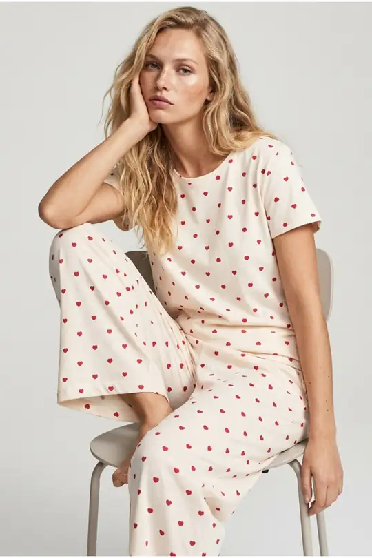Pamuklu Örme Pijama Takımı 8025 - somon vişne