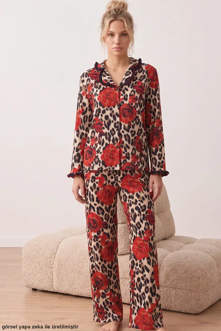 Desenli Bürümcük-Krınkıl Düğmeli Fırfırlı Pijama Takım 26223941-8 - Leopar