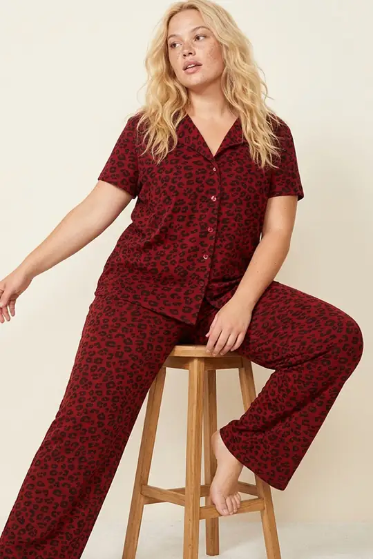 Büyük Beden Battal Boy Düğmeli Örme Pijama Takım 8016 - bordo leopar
