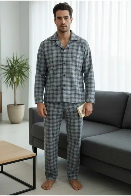 Erkek Ekoseli %100 Pamuklu Örme Düğmeli Pijama Takım 7985 - mavi ekose