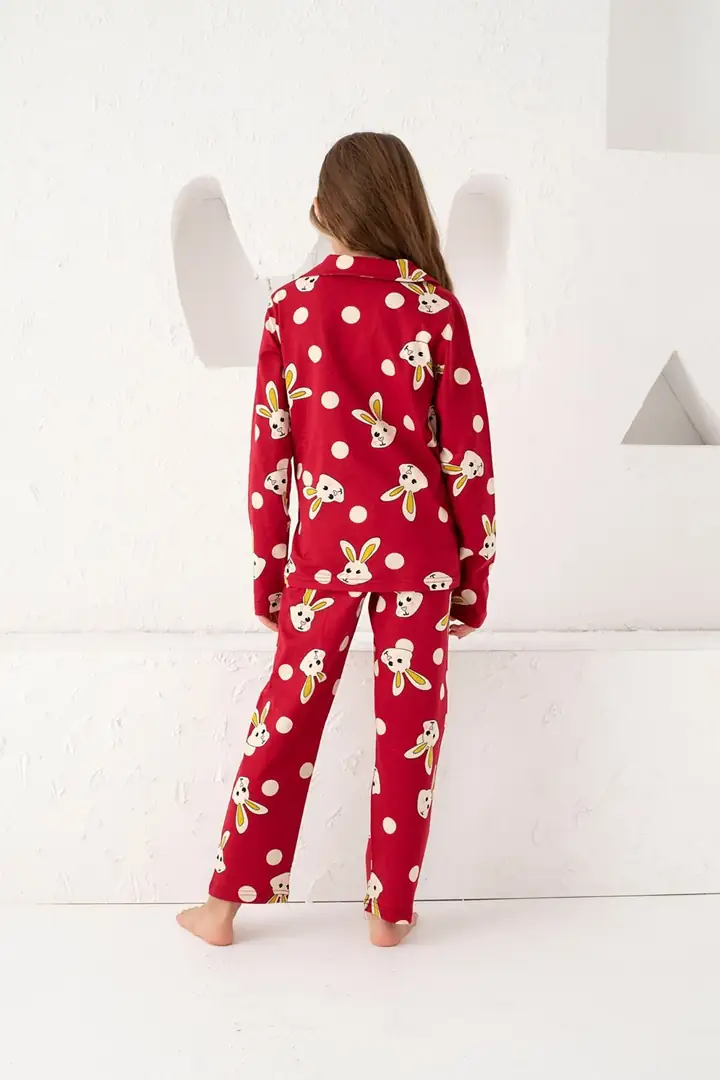 Bordo Pamuklu Düğmeli Pijama Takım 7588
