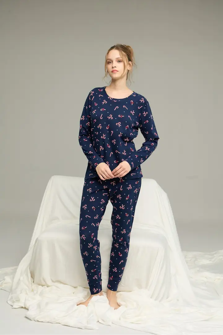 Lacivert Şeker Desenli Örme Pamuklu Pijama Takım 25240239