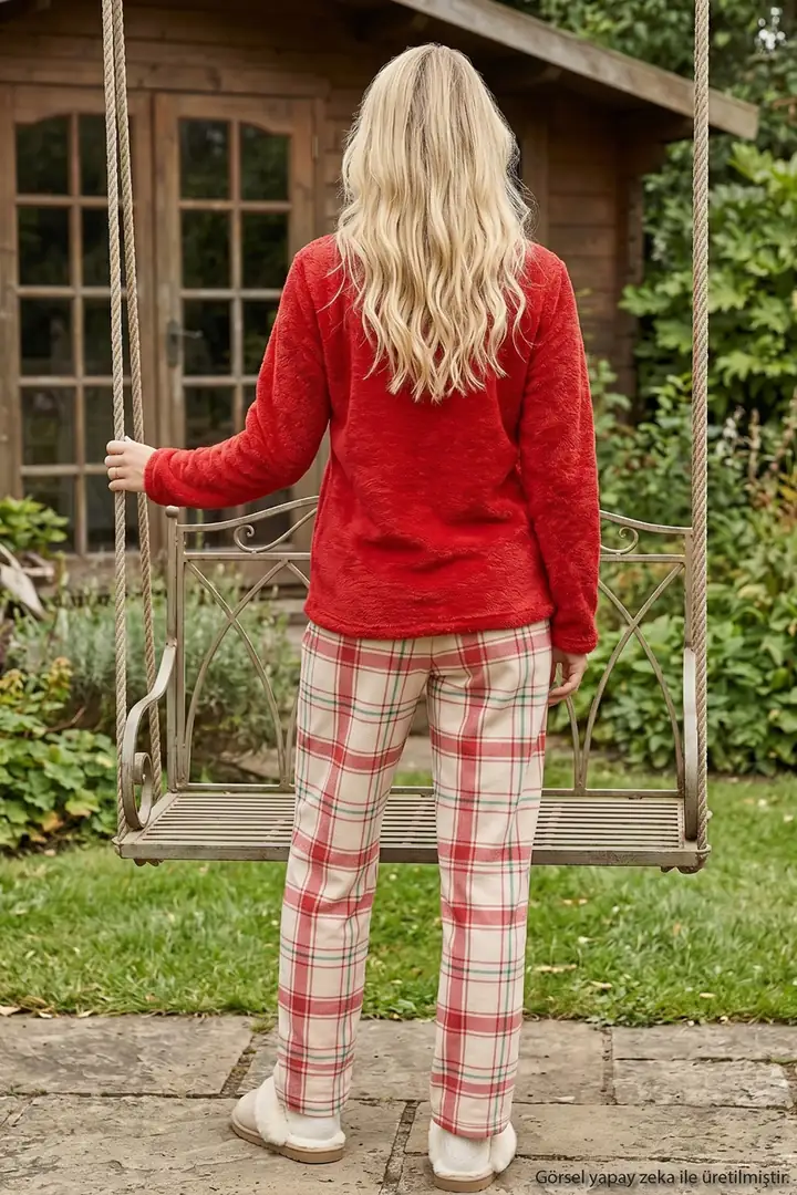 Kırmızı Nakışlı Yılbaşı Temalı Üst Wellsoft Alt Polar Kışlık Örme Pijama Takım 26221715