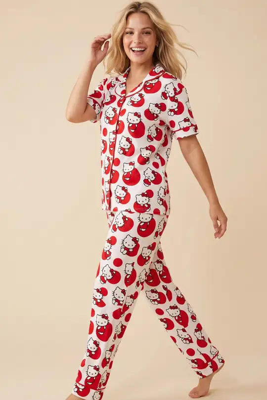 Hello Kitty Lisanslı %100 Pamuk Pembe Çok Renkli Düğmeli Biyeli Pijama Takım 26120451 - Beyaz