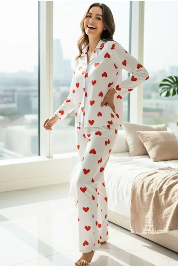 Beyaz Kırmızı Kalp Desenli Örme Düğmeli Pamuklu Pijama Takım 7611