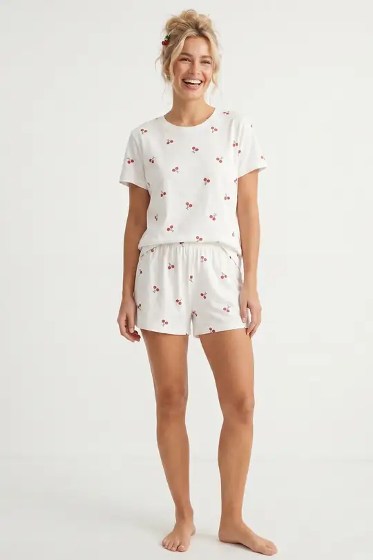 İnce Soft Örme Mevsimlik Şortlu Pijama Takımı 8045 - kiraz