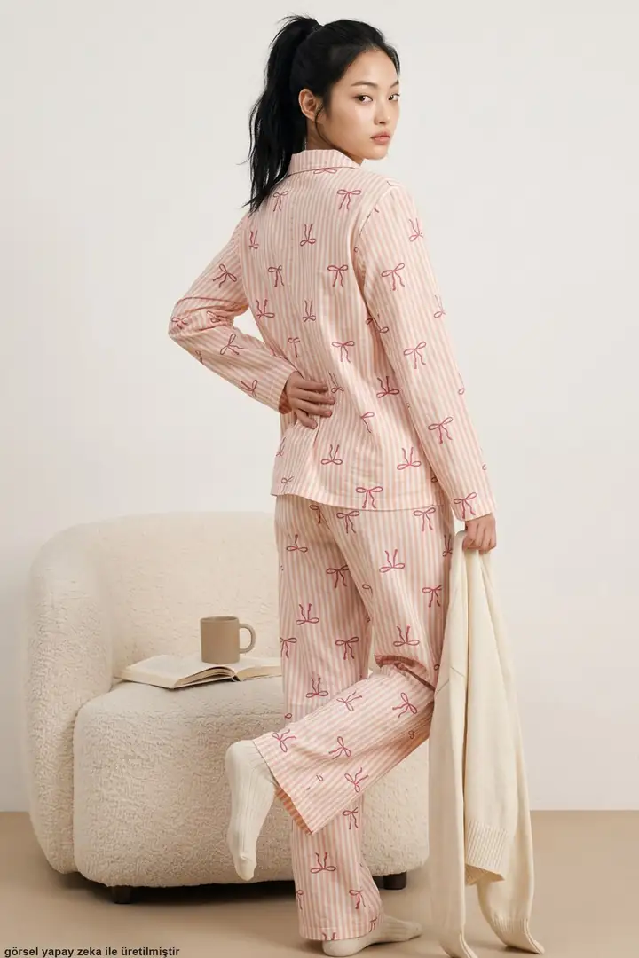 Desenli Yumuşak Tuşe Kışlık Örme Düğmeli Pijama Takımı 8088