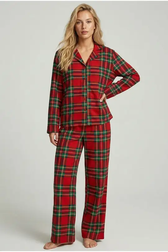 Yılbaşı Desenli Pamuklu Örme Düğmeli Pijama Takımı - Kırmızı